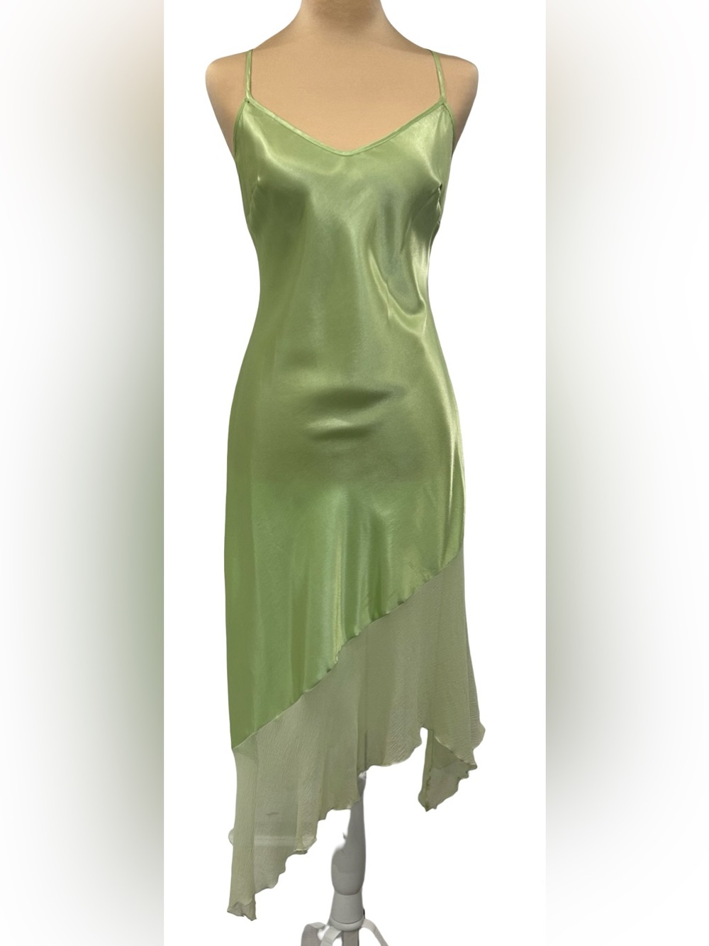 Laundry Shelli Segal Silk Dress S 6 Chartreuse Green Asymmetrical Slip Y2K Fairy - Picture 2 of 10